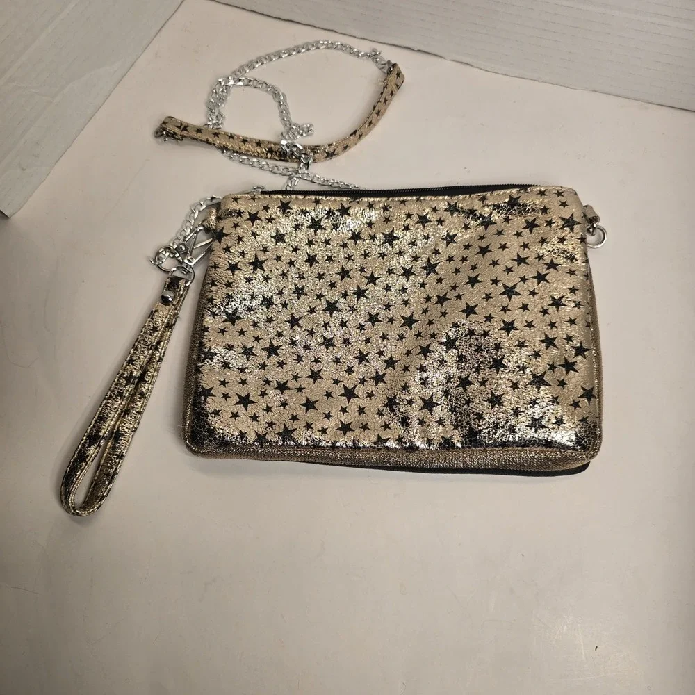Bari‎ Lynn Gold Black Star Print Chain Strap Wristlet Clutch Handbag